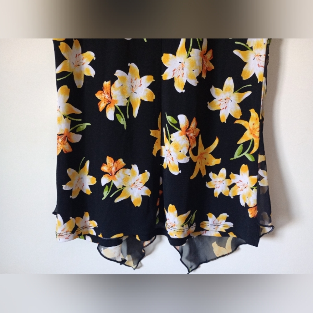 Adele & May Black and Yellow Floral Tropical Top with Sheer Overlay Size Small - Picture 10 of 12